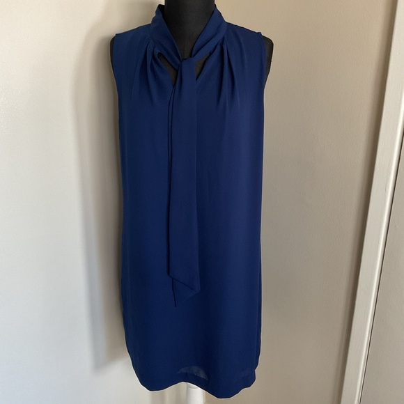 H&M Navy Blue Midi Dress 12 L Tied Bow Neck Short Sleeve Office Career Career - Picture 2 of 7